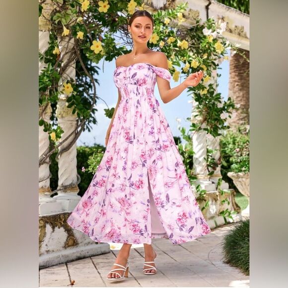 Grace Karin Floral A Line Maxi Dress - off shoulder Pink and Purple size XL -NWT - Picture 2 of 7